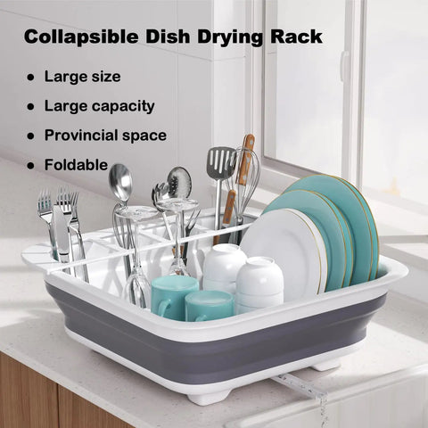 Collapsible RV Dish Drying Rack With Built In Utensil Organizer Portable Kitchen Drainer filled with dishes and utensils