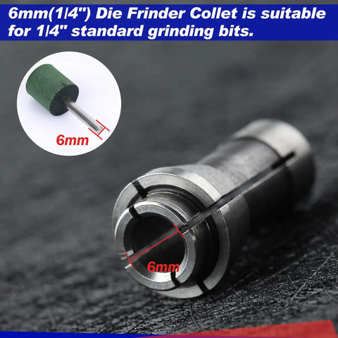Die Grinder Collet Kit Four Piece Set For 1/8 And 1/4 Inch Bits Includes 3mm And 6mm Collets with close-up of 6mm collet