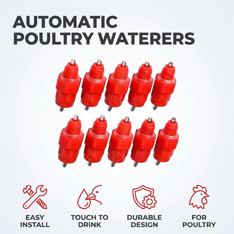 Set of ten Heavy Duty Automatic Poultry Watering Nipples With Screw Style Mounting For Chickens Ducks Geese bold red plastic design.