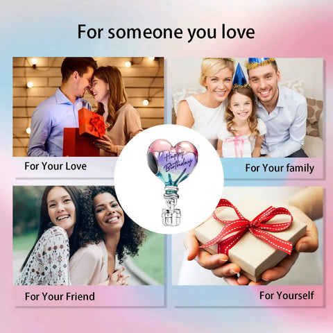 Happy Birthday Hot Air Balloon Charm In 925 Sterling Silver With Enamel Heart Balloon, perfect gift for loved ones