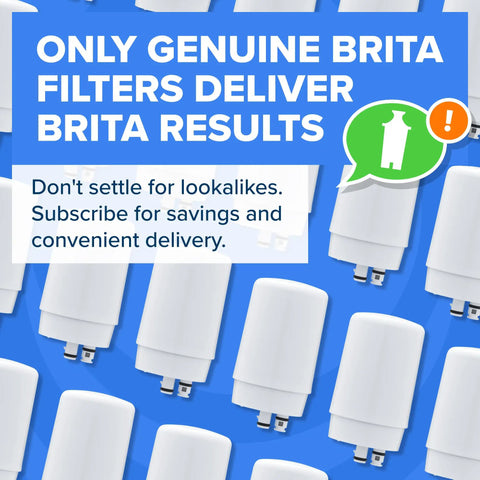 Multiple Brita water filter cartridges on a blue background with text about genuine Brita results and subscription savings.