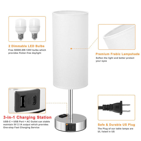 Set Of 2 Touch Lamps For Bedrooms With 3 Way Dimming, USB C Ports And Outlets, close-up on lamp features