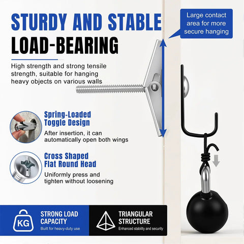 Heavy Duty Toggle Bolts Set For Drywall And Ceilings, 100 Pcs Hollow Wall Anchors With 1/8, 3/16, 1/4 Inch Sizes, Screws, Washers, And Wing Nuts For Hanging Decor And Medium To Heavy Fixtures, installed on drywall