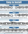 Installation steps for Beefed-Up Bicycle Chain For 7-27 Speed Systems, 116 Links, detailing clasp adjustment and securing process