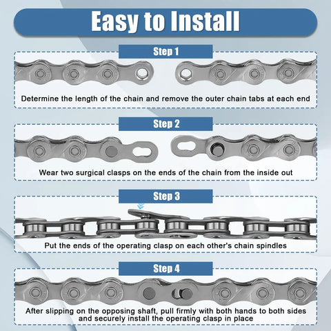 Installation steps for Beefed-Up Bicycle Chain For 7-27 Speed Systems, 116 Links, detailing clasp adjustment and securing process