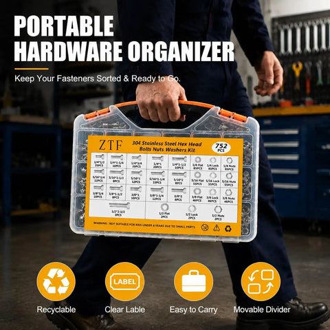 Portable hardware organizer case for 752 Piece Stainless Steel Hex Nuts And Bolts Kit With SAE Hex Bolts, Nuts, Flat Washers, And Lock Washers In 1/4-20, 5/16-18, 3/8-16, And 1/2-13, Lengths From 1/2 Inch To 2-1/2 Inches, Heavy-Duty Fastener Set For Home, Garage, And DIY Projects.