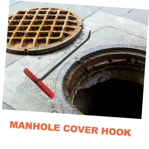 Badass Heavy Duty Steel Manhole Cover Lifter Hook Built With A Nifty T Handle To Safely Hoist Storm Drain Grates During Quick Yard And Property Maintenance Tasks, shown beside an open storm drain.