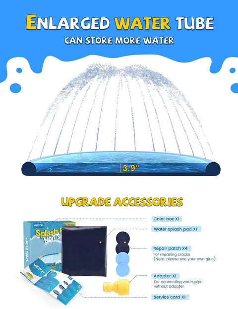 Non Slip Splash Pad For Kids And Dogs Thickened Edges Sprinkler Pool Summer Outdoor Water Toy Backyard Fun Time Play Mat For Babies Boys Girls Or Pets 107 Inch Blue with enlarged water tube and accessories shown, including color box and repair patches.