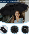 Woman holding Compact Auto Travel Umbrella With Windproof Aluminum Frame Eight Fiberglass Ribs Inverted Flip Design