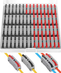 Front view of 60-pack XHF lever wire connectors in gray housings with red and black levers in a plastic case for 28-12 AWG inline splices