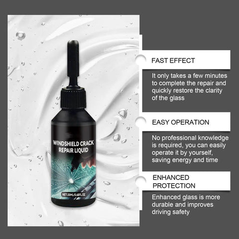Windshield Crack Repair Kit With Premium Nano Repair Fluid bottle displayed with repair effect description.