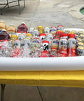 Inflatable Serving Bar For Summer Parties With Ice Chiller, Buffet Station, Drink Holder And Cooler Tray, Large 51.5 By 24.5 Inch Indoor Outdoor Party Accessory displaying drinks on ice
