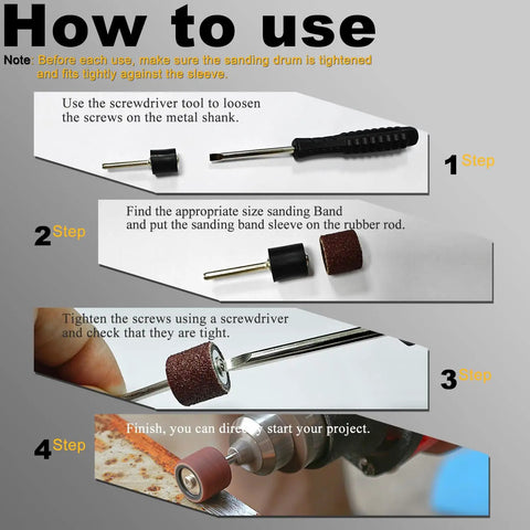 How to use the 400 Grit Sanding Drum Kit, showing steps to attach sanding band onto a drill or rotary tool.