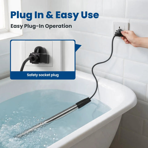 Dope Build 2000W Portable Submersible Water Heater With Rapid Heat 304 Stainless Immersion Rod plugged into wall socket near bathtub.