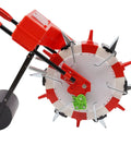 Close-up of a Hand Push Seed Planter With Six Nozzles, Roller Seeding Machine For Row Crops showing side view, durable iron and ABS plastic.
