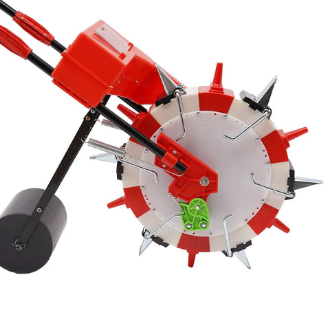 Close-up of a Hand Push Seed Planter With Six Nozzles, Roller Seeding Machine For Row Crops showing side view, durable iron and ABS plastic.