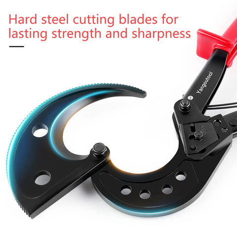 Ratcheting Cable Cutter For Copper And Aluminum Wires Up To Four Hundred Square Millimeters Capacity showing hard steel blades