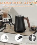 Gooseneck Electric Kettle With Built In Thermometer 0.8L 1200W Fast Heat For Coffee And Tea Precision Pour No Fuss Auto Shut Off Dry Boil Protection Stainless Steel on a kitchen countertop.