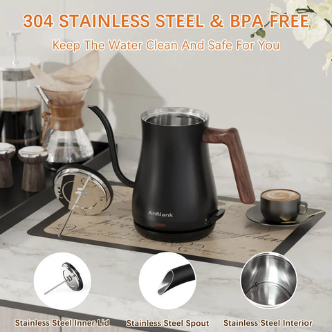 Gooseneck Electric Kettle With Built In Thermometer 0.8L 1200W Fast Heat For Coffee And Tea Precision Pour No Fuss Auto Shut Off Dry Boil Protection Stainless Steel on a kitchen countertop.