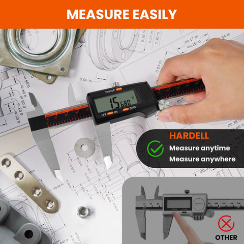 HARDELL digital caliper with large LCD display, stainless steel, 0-8 inch measuring tool