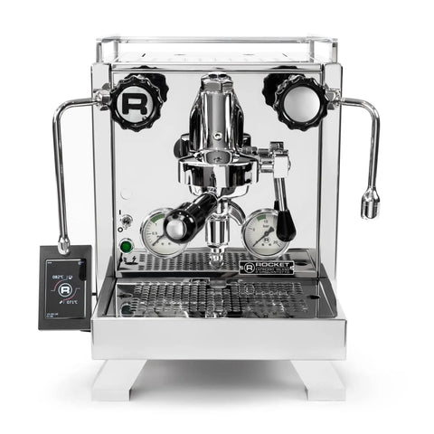 Front view of Cinquantotto Dual Boiler Espresso Machine With PID Touchscreen And Auto On Timer Stainless Steel Finish