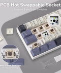 Compact 60 Percent Mechanical Gaming Keyboard Wireless Three Mode Setup showing PCB hot swappable socket and well-tuned stabilizer