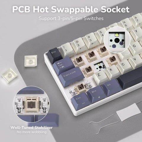 Compact 60 Percent Mechanical Gaming Keyboard Wireless Three Mode Setup showing PCB hot swappable socket and well-tuned stabilizer