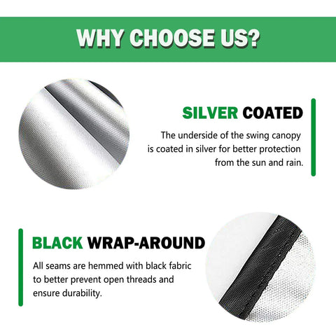 Weatherproof Swing Canopy Replacement Cover features silver coating and black wrap-around for protection and durability.