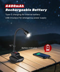 Magnetic Gooseneck Work Light With 4400mAh Rechargeable Battery illuminating a table, showing USB charging, night background.