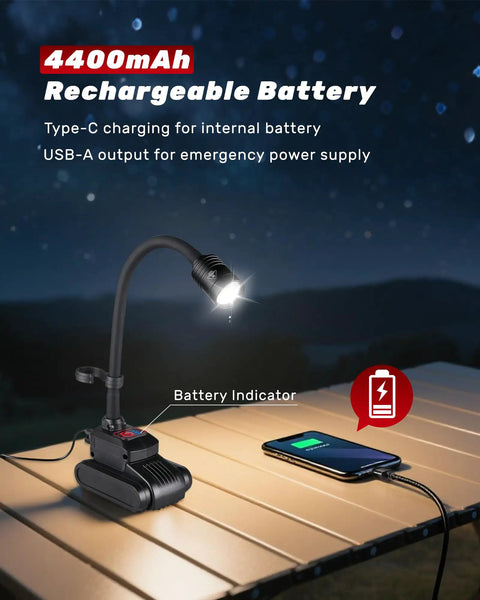 Magnetic Gooseneck Work Light With 4400mAh Rechargeable Battery illuminating a table, showing USB charging, night background.