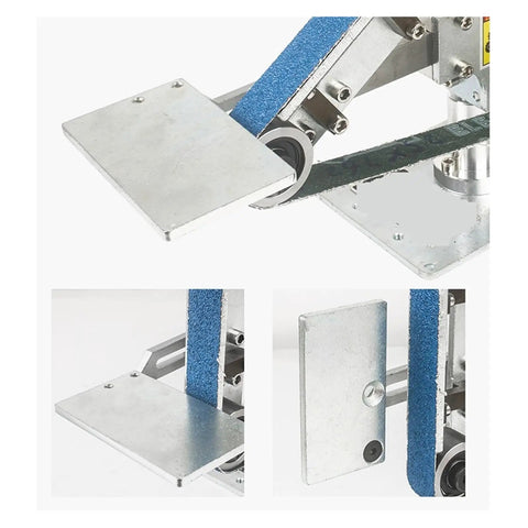 Rock Solid Industrial Belt Sander Machine With Brushless Motor And Swivel Frame Compact 762X25MM showing metal base and sanding belt.