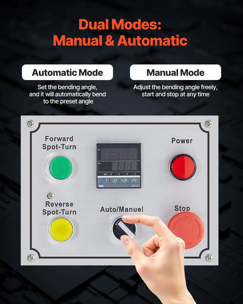 Heavy Duty Electric Tube Bender Machine 1.5 Kw Power Bends 5/8 To 1-1/2 Inch Pipes With Five Dies For Auto And Manual Modes control panel with buttons for auto and manual settings