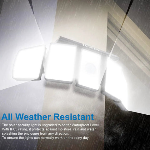 Cordless Solar Motion Sensor Lights Outdoor So Bright, 300 LED 6500K Flood Light With 5 Adjustable Heads in rain, wall mounted.