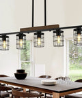 36 Inch Rustic Farmhouse Kitchen Light Fixture With Black Matte Finish, Adjustable Height 5 Light Chandelier For Dining Island