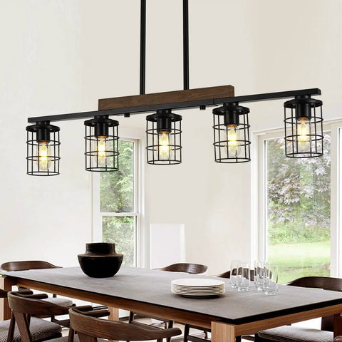 36 Inch Rustic Farmhouse Kitchen Light Fixture With Black Matte Finish, Adjustable Height 5 Light Chandelier For Dining Island