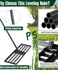 Heavy Duty 45 Inch Lawn Leveling Rake With 72 Inch Handle, steel construction, strong connections, thickened joints, yard leveler