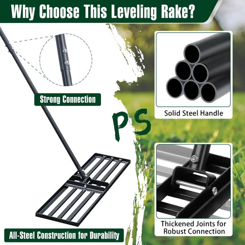Heavy Duty 45 Inch Lawn Leveling Rake With 72 Inch Handle, steel construction, strong connections, thickened joints, yard leveler