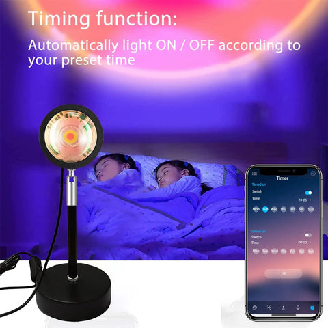 Sunset Projection Lamp 6W LED With 180 Degree Rotating Head next to smartphone showing app interface in a dimly lit room.