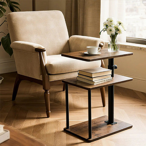 C Shaped End Table With 360 Degree Swivel Height Adjustable Sofa Side Table With Storage Open Shelf 3 Tier Night Stand TV Tray