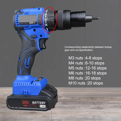 Pro Workhorse Cordless Rivet Nut Gun With Brushless Motor And Massive 4000 Mah Battery showcasing torque settings for M3 to M10 nuts.