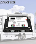 Dimensions of Upgraded 13398-DO Dual Synchronous Slide-Out Controller for RV units, shown in front of an RV backdrop.