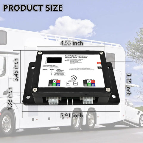 Dimensions of Upgraded 13398-DO Dual Synchronous Slide-Out Controller for RV units, shown in front of an RV backdrop.