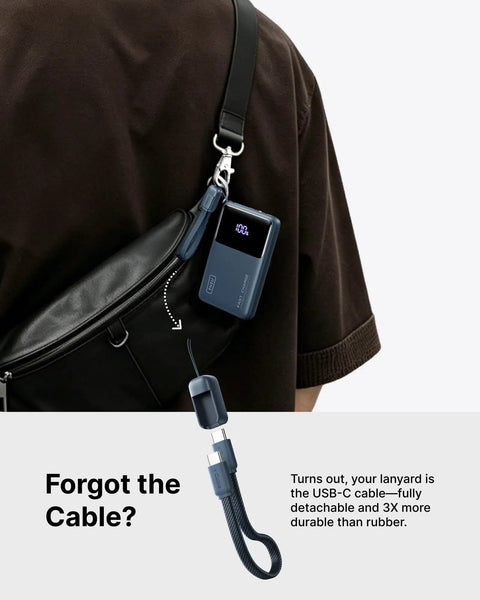 Throw This Compact 10000 Mah Power Bank In Your Pocket For Immediate Relief Packs 45W Usb C Pd Fast Charge For Phones Consoles And Laptops, shown attached to a bag.