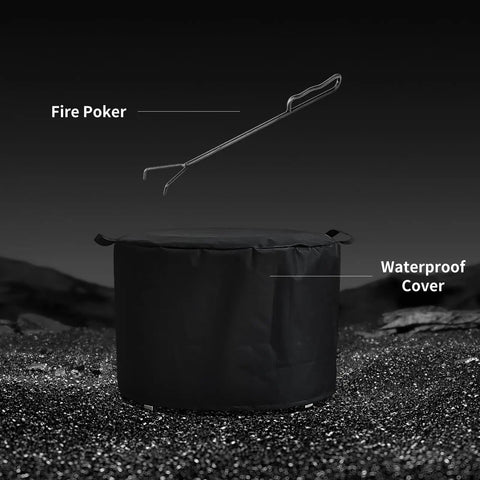 Image of waterproof cover and fire poker included with the 22 Inch Smokeless Outdoor Fire Pit With Waterproof Cover Stainless Steel Wood Burning Bonfire Pit For Camping Patio Or Backyard Hangouts Low Smoke Design For Cleaner Smoke And Cozy Warmth.