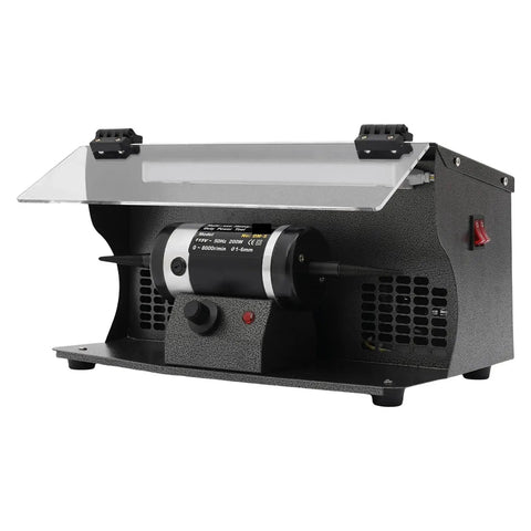 Heavy Duty Jewelry Polishing Machine 200W Bench Polisher With Variable Speed 0 to 8000 RPM For Polishing Steel Woodworking Hardware Projects Built Tough Cast Iron Shell With Rust Resistant Finish, featuring cast iron shell and protective cover
