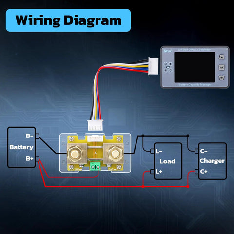 Wiring diagram for Digital Battery Monitor And Multimeter For RVs And Solar Setups Reads 8 To 100V And 0.05 To 100A with LCD.