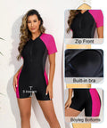 Womens Boyleg One Piece Rash Guard With Built In Bra And Zip Front UPF 50 Plus Surfing Swimsuit in Neon Pink and Black
