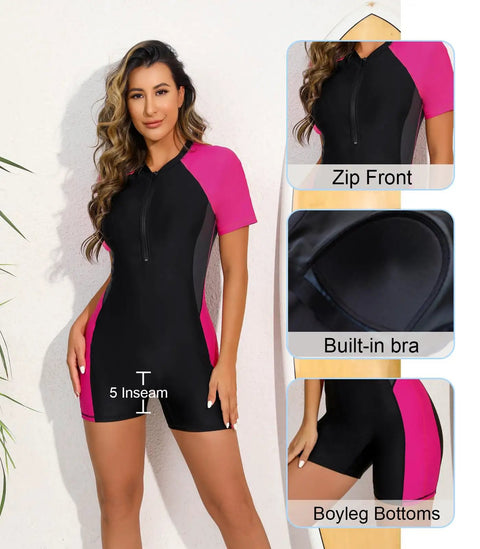 Womens Boyleg One Piece Rash Guard With Built In Bra And Zip Front UPF 50 Plus Surfing Swimsuit in Neon Pink and Black