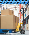 Warehouse with pallet jack carrying boxes, showcasing use of Beefy Six Pack 31 Inch Heavy Duty Steel J Hook Lifting Hooks Set For Pulling Manhole Covers And Storm Drains Chrome Plated Solid Steel Construction With 8mm Shank Portable Durable Tools For Contractors And DIY