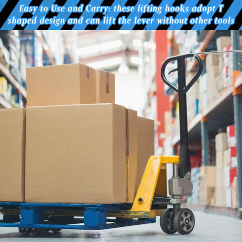 Warehouse with pallet jack carrying boxes, showcasing use of Beefy Six Pack 31 Inch Heavy Duty Steel J Hook Lifting Hooks Set For Pulling Manhole Covers And Storm Drains Chrome Plated Solid Steel Construction With 8mm Shank Portable Durable Tools For Contractors And DIY